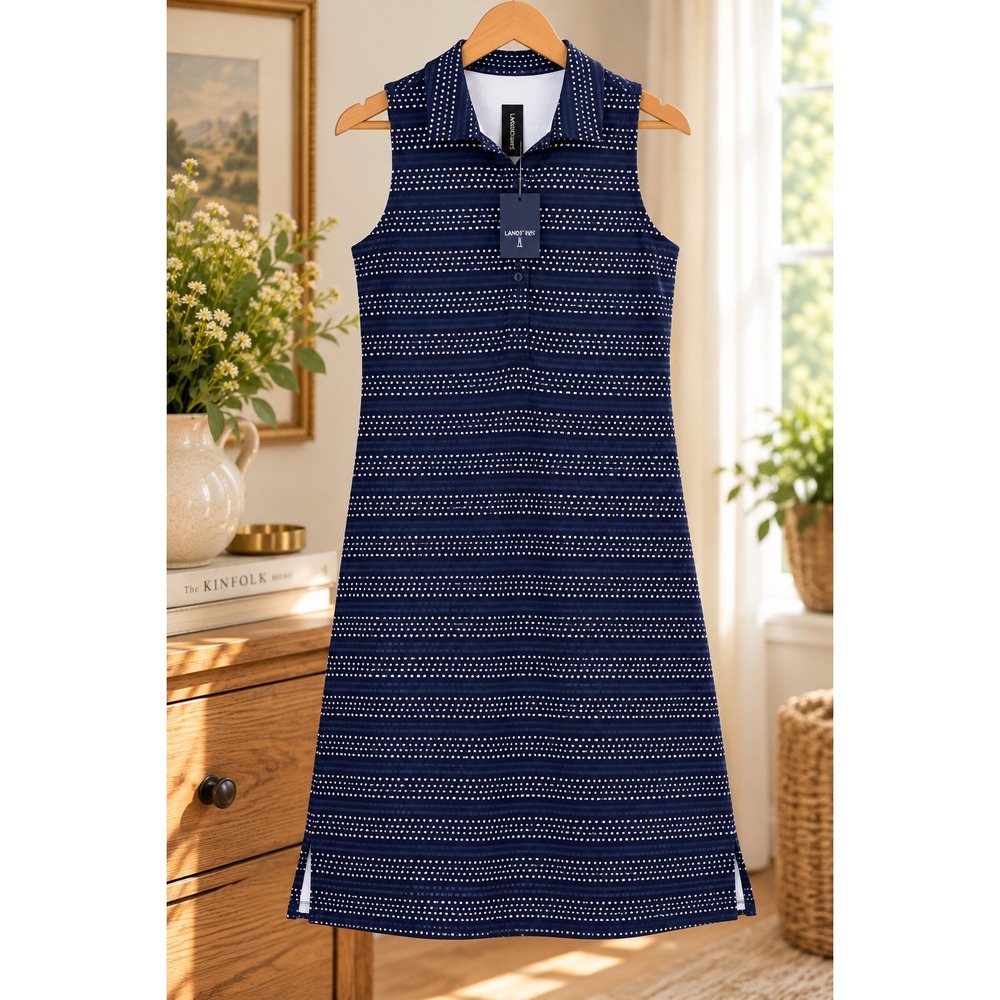 Lands End Womens Navy Blue Polka Dot Stripe Sleeveless Polo Dress Size S 6-8 NEW